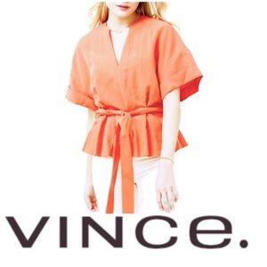 VINCE | Women's Cuffed Short Sleeve V-
Neck Belted Blouse Shirt Top